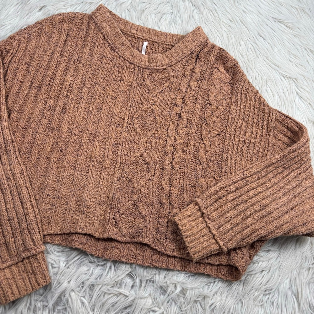 Free People Women's XS Brown On Your Side Cable Knit Crop Sweater Cabincore Boho - Picture 2 of 7